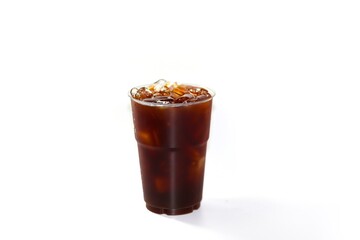 Pictures of Americano ice coffee and coffee beans spreading out of bottles on white background with isolated style.