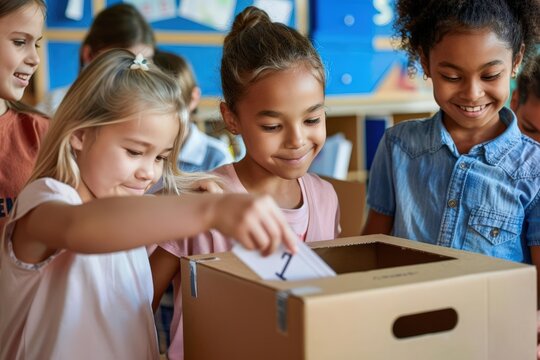 Young children participating in a classroom election, casting their votes into a ballot box. Education, civic engagement, and learning.