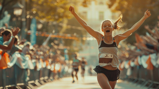 A runner ecstatically crosses the finish line during a marathon, arms wide in joy as the cityscape glows in the background, embodying triumph and exhilaration.
