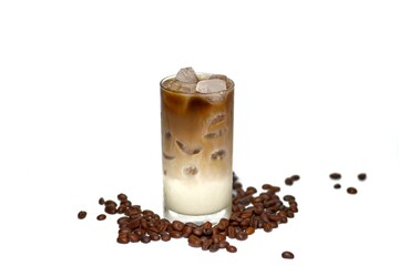 Concept beverage with Latte ice coffee serving on sack and milk foam and coffee beans spread around glass,isolate and white background.