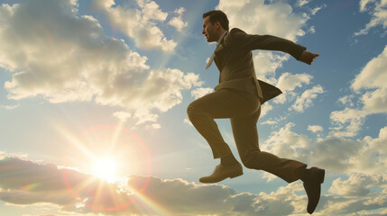 Fototapeta premium A business professional leaps energetically against a backdrop of a vibrant sky, symbolizing ambition and aspiration.