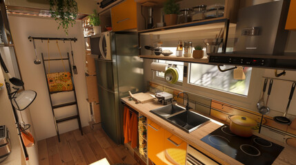 Cozy, well-organized tiny kitchen with warm lighting, color-coordinated accessories, and a multitude of cooking supplies, exuding charm and efficiency.