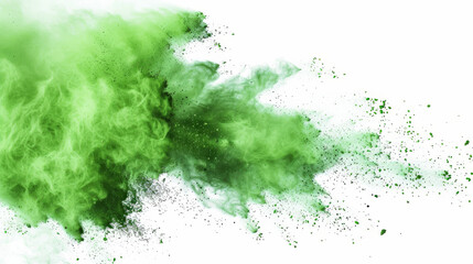 Another dynamic shot of green powder, frozen mid-air against a white backdrop, creating an energetic and textured visual effect.