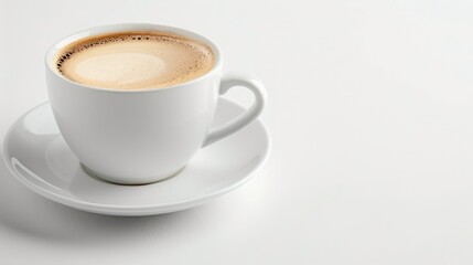 Fototapeta premium Creamy coffee in white porcelain cup on white background with space for text