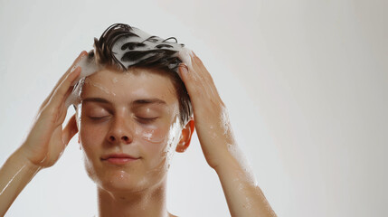 Fototapeta premium A serene individual enjoying a shampoo massage, eyes closed and face radiating calmness and contentment.