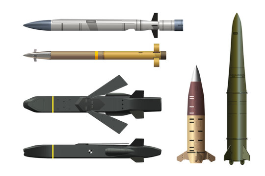 Isolated missile drawing. 3d industrial set of ballistic and cruise missile. Realistic strategic weapon art. War technology. Aircraft military bomb