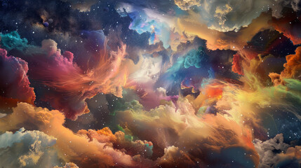 Ethereal nebula clouds swirl in a vivid array of colors, blending seamlessly with twinkling stars, creating a mesmerizing cosmic tapestry.