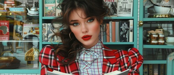 Fototapeta premium Vibrant Woman in Bookstore, Chic Style