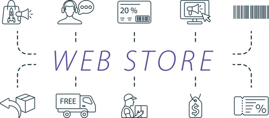 Web store outline icons set. Creative icons: new product, customer service, discount card, online advertising, bar code, returns, free shipping, delivery man, price tag, coupon.