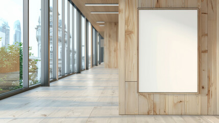 Obraz premium An empty, modern hallway lined with large windows offering a cityscape view, featuring a minimalist wooden design and a blank wall-mounted frame.