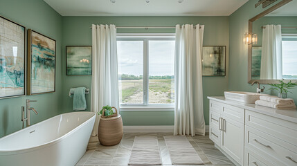 Luxurious Bathroom with Freestanding Tub, Scenic View & Green Walls