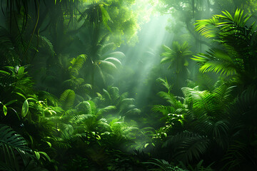 Obraz premium A lush, dense jungle with sunlight filtering through the green leaves