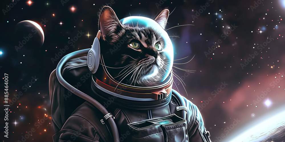 Wall mural a cat wearing an astronaut helmet against a starry space backdrop