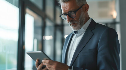 Fototapeta premium A distinguished man in a suit and glasses, engrossed in reading a tablet by a large window, reflecting an ambiance of professionalism and focus.