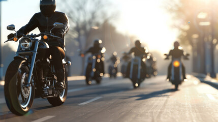 Naklejka premium A group of bikers riding briskly through a city street bathed in morning light, capturing the urban adventure and thrill of communal motorcycle rides.