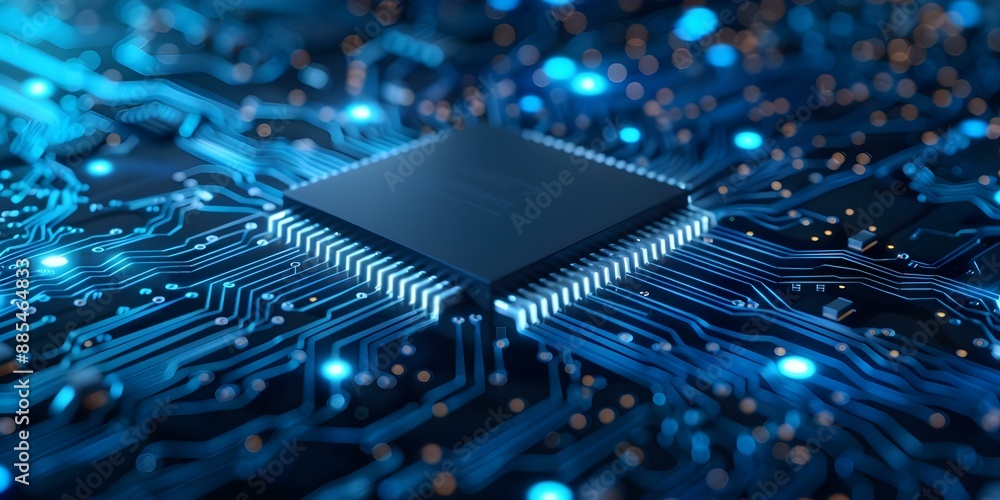 Poster 3d visualization of circuit board microchips with blue network flow. concept technology, circuit boa