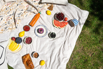 Summer picnic on blanket with fruits, sweet food, berries and juice