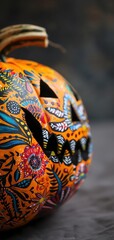 Close-up of a colorful hand-painted Halloween pumpkin with intricate floral designs, a creative twist on the traditional jack-o'-lantern.