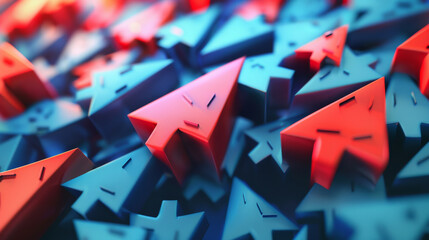 An abstract composition of blue and red arrows with sharp edges, creating a dynamic and energetic visual effect.