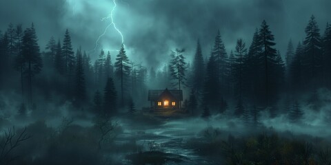 Lightning in the stormy sky above the lonely forest house at night. Scary old hut with light in window at thunderstorm.