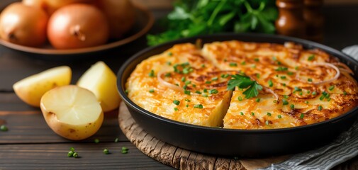 Traditional Spanish tortilla with potatoes and onions in a rustic setting, garnished with fresh herbs, ready to be enjoyed.