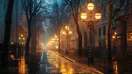 Urban street scene with glowing street lamps