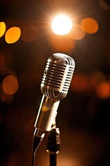 Vintage microphone illuminated by warm stage lights, creating a nostalgic ambience perfect for music or performance art themed projects.