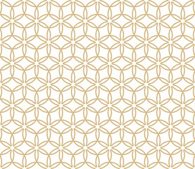 Abstract golden geometric seamless pattern in Islamic style. Vector ornamental linear texture, floral lattice, mesh. Traditional oriental background. Luxury gold and white ornament, repeated design