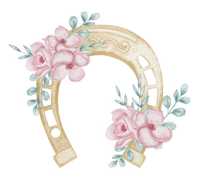 Golden Horseshoe with pink flowers and leaves watercolor illustration. Good luck symbol in pastel yellow colors for baby design or Saint Patrick day celebration. Horse element for greeting cards. - Powered by Adobe