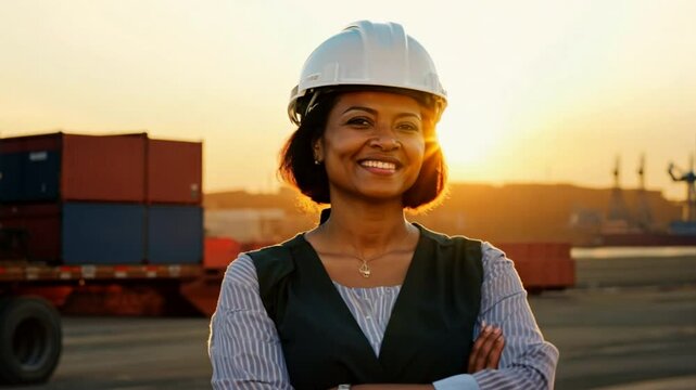 African American transportation factory truck woman driver standing and smiling by action arms crossed in front of lorry at container yard of port on evening