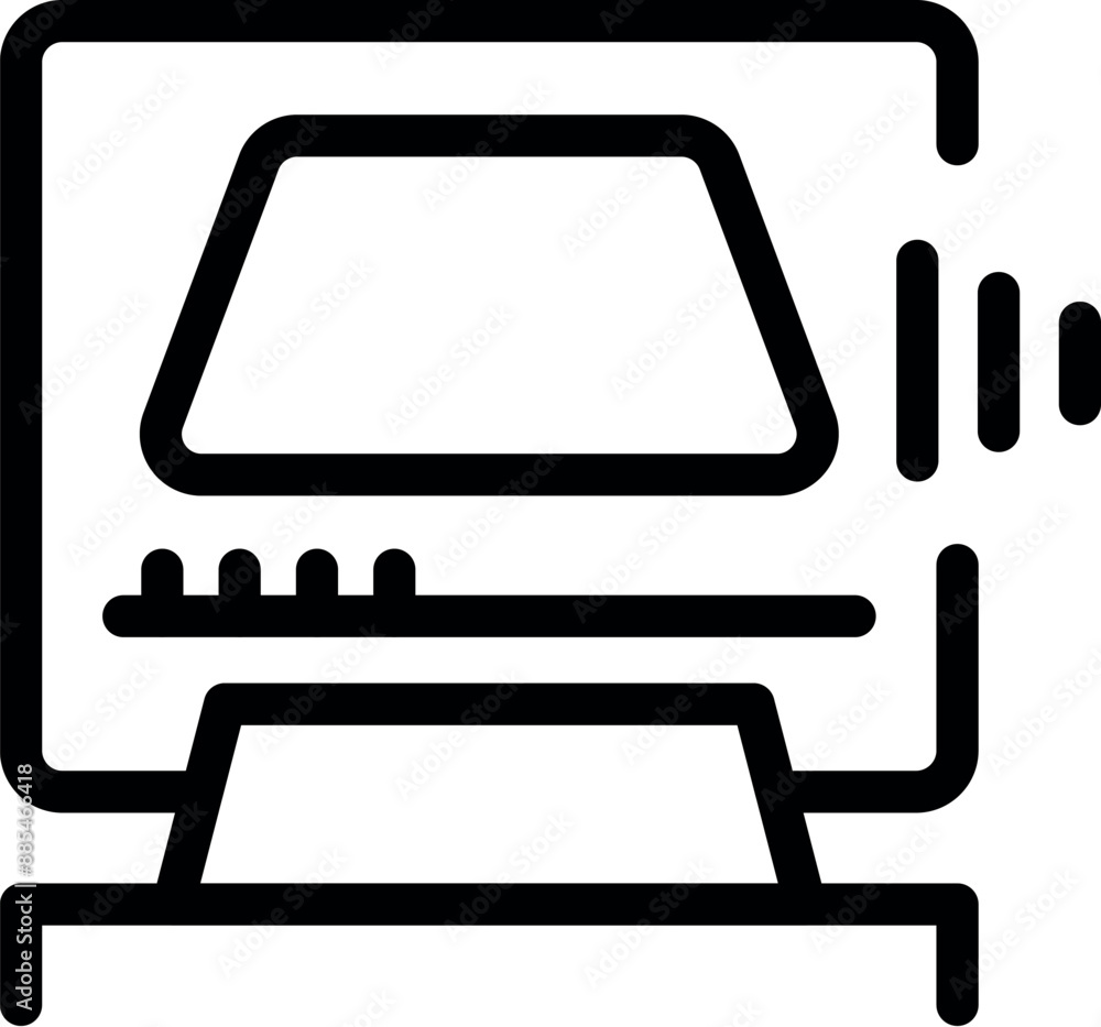 Poster line icon of an old personal computer emitting sound waves, representing audio output