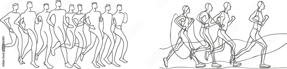 Poster an illustration of people running in a one line. an illustration of a group of woman and men exercis