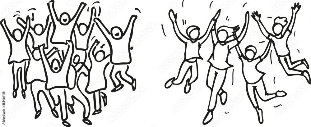 Aufkleber this is a one line drawing of a group of people jumping together. this is a modern illustration simp