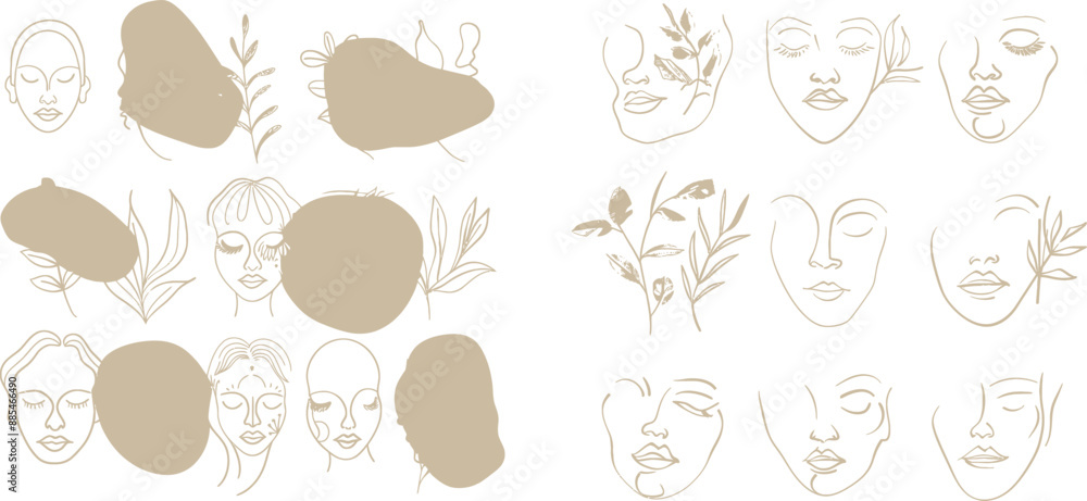 Poster female seamless pattern modern background with hands, faces and posture in modern simple linear styl