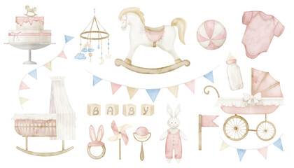 Baby Toys watercolor set with rocking Horse, pram and cradle for cute girl in pastel pink colors. Illustration garland and stroller for child party greeting cards or kids birthday invitations. © Alisles