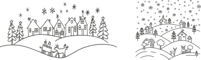 An illustration of a Christmas landscape. Santa in his sleigh with deers, trees, snowdrifts, and a snowman in his sleigh.