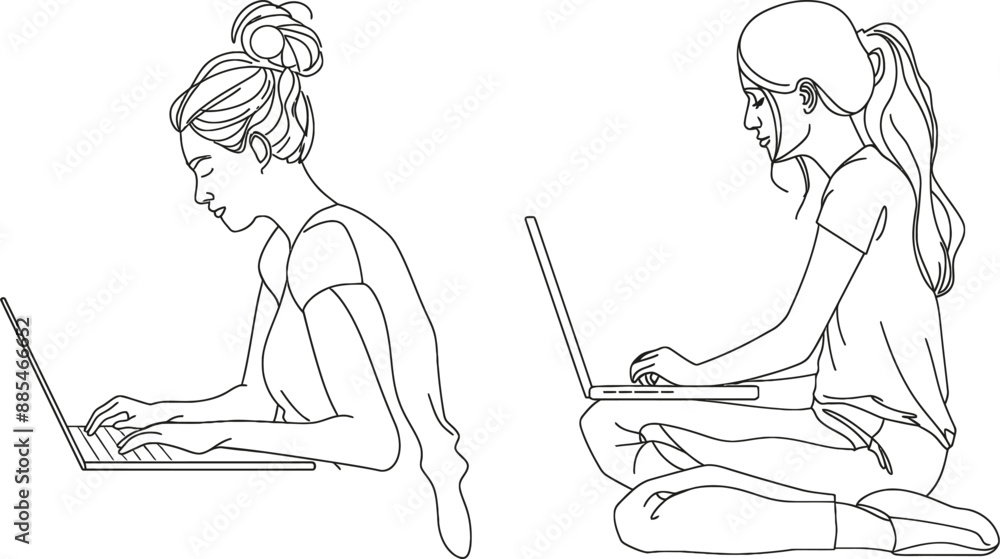 Aufkleber drawing of a girl typing or writing on a laptop computer with one continuous line.