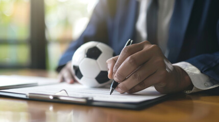 close-up of a suited professional holding a pen and a small soccer ball, signing a document on a clipboard, blending sports with business.