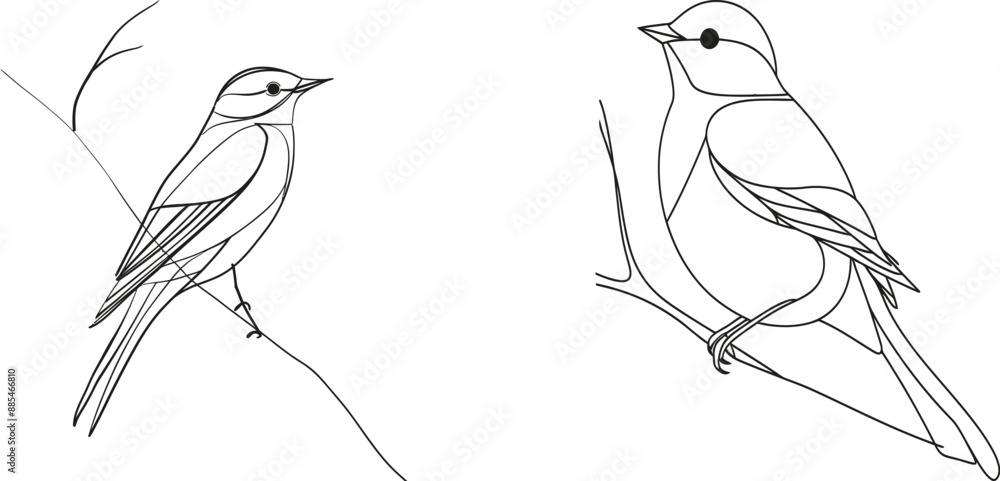 Aufkleber A black linear sketch of a sparrow on a white background in continuous line art style. Modern illustration.