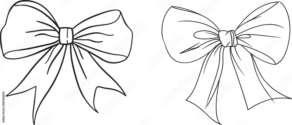 Poster An illustration of a gift ribbon bow in continuous line art style. Black linear sketch isolated on white.