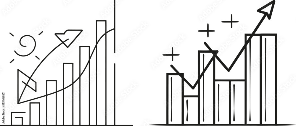 Poster graph icon drawn in continuous line on white background. image of a growing graph and chart with an 