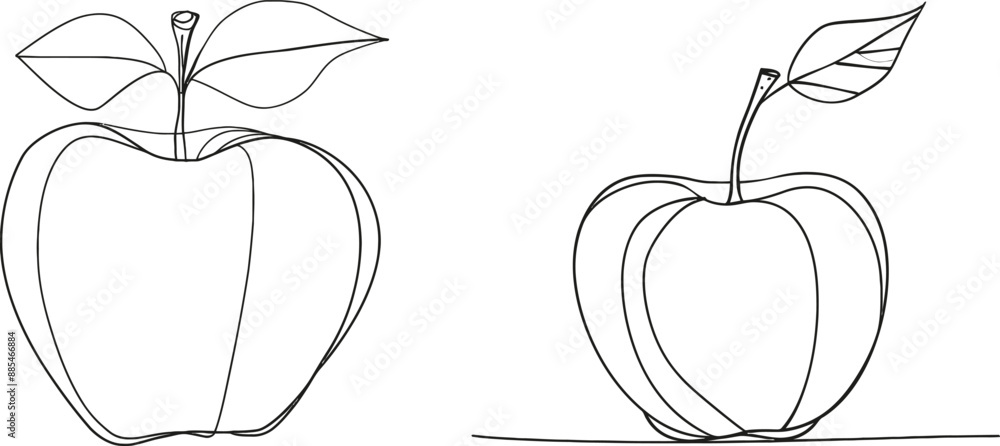 Poster Continually drawn apple in a modern style with a minimal linear sketch on a white background. Abstract illustration of a fruit made of one line.