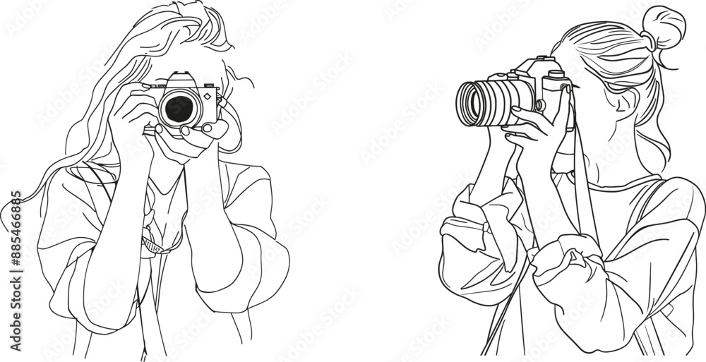 Poster illustration of a photographer taking a picture with a camera. modern illustration in continuous one