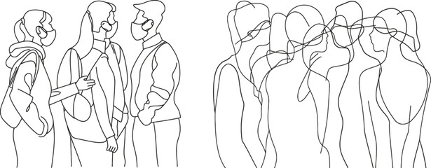 In this drawing, a group of people are wearing medical face masks, standing together continuously on one line. The concept of prevention and safety procedures is demonstrated as men and women wear