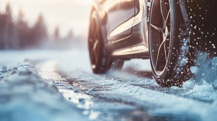 A dramatic shot of a car tire on an icy road, with snow spraying up against a backdrop of blurry trees, capturing the thrill of driving in winter.