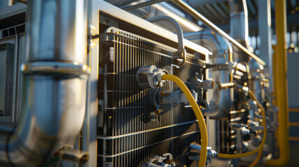 Fototapeta premium Intricate metal pipes and tubes of an industrial machinery system, glistening under natural sunlight, depict the complexity of engineering.