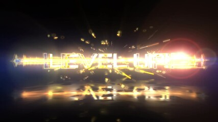 Level Up gold text word light animation glitch text effect cinematic title on black abstract background. 