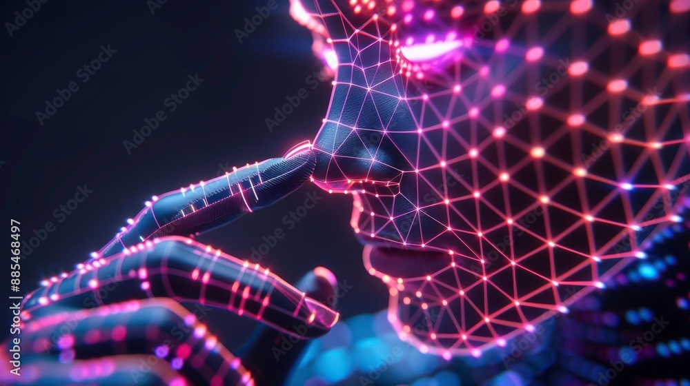 Poster abstract digital art showing a face with a network of glowing lights and lines, representing technol