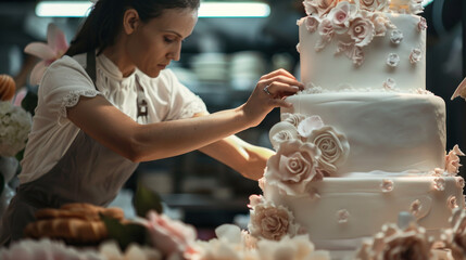 A dedicated baker in a white uniform attentively arranges intricate floral designs on a multi-layered wedding cake in a cozy bakery.