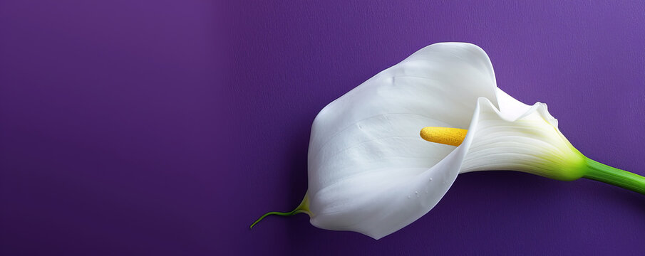 A white calla lily on a deep purple background, emphasizing the flower's simple elegance and striking contrast.